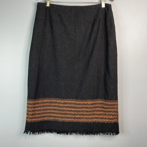 VINTAGE D’Allaird Wool Fringed Midi Skirt Dark Charcoal Burnt Orange Size Large - Picture 8 of 11